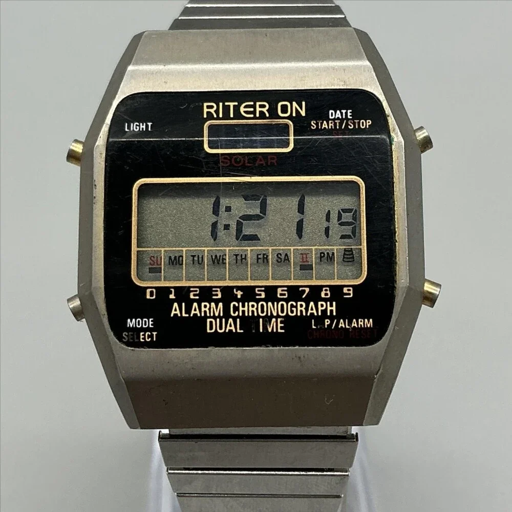 Vintage Criterion Mens Watch 34mm Alarm Chronograph Digital Stretch Solar